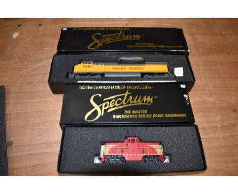 Two Bachmann Spectrum Master Series HO scale, Union Pacific Locomotive 9381 boxed 86015 and GE 44 Ton Diesel Switcher, boxed 