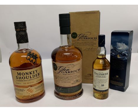 Glen Garioch 12yr Highland Single Scotch Whisky 1ltr, Monkey Shoulder Blended Malt Whisky 1ltr, Talisker Single Malt Scotch W