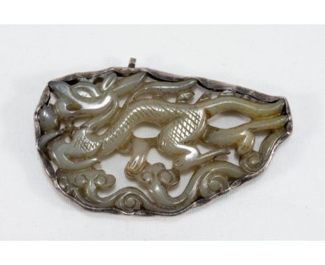 A Chinese Carved Jade & Silver Pendant.L: Approximately 7cm 