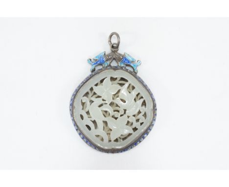 A Chinese Carved Silver White Jade Pendant Decorated with Turquoise & Blue Enamel.H: Approximately 7cm 