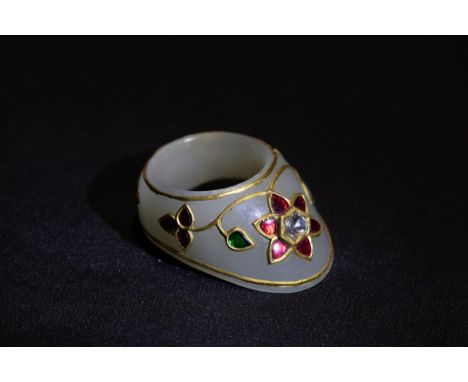 An Indian Mughal Jade Archer Ring Decorated with Floral Patterns in  Ruby Gemstones, Polki Diamond &amp; Gold. 