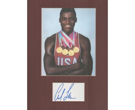 Athletics, Carl Lewis matted signature piece, overall size 16x12. This beautiful item features a colour photo and a signed wh