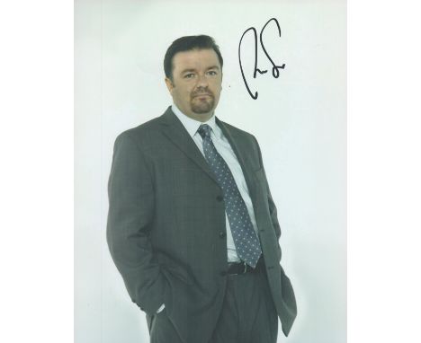 Comedian, Ricky Gervais signed 10x8 colour photograph. Gervais (born 25 June 1961) is an English comedian, actor, director, a