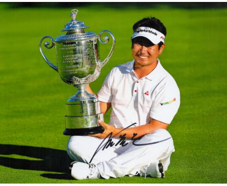 Golf Yang Yong-eun signed 10x8 colour photo pictured with the PGA championship trophy after his shock victory in 2009.Good co