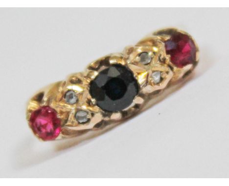 A diamond ruby and sapphire ring, hallmarks worn, gross wt. 1.7g, size E/F.