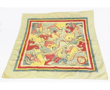 A WWII RAF sweetheart silk scarf by Thirkell, decorated in blue, red and yellow with various propagandic phrases, 64cm x 64cm