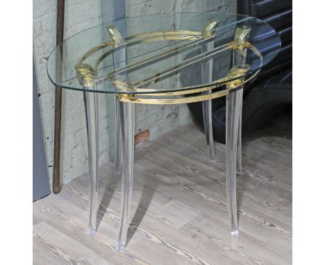 A pair of brass, perspex and glass top console tables by Domo Liverpool, width 110cm, depth 41cm & height 76cm each.