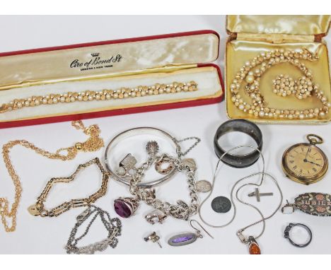 A mixed lot to include Trifari costume jewellery, a 9ct gold gate bracelet and necklace marked '375' wt. 10.9g, a hallmarked 