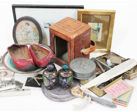 A mixed lot to include a miniature engraving by George Marples, a miniature watercolour, an oval needlework, a carriage clock