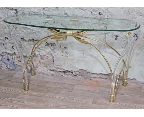 A contemporary perspex, brass and glass console table by Domo Liverpool, width 140cm, depth 40cm & height 75cm.