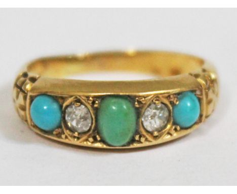 A diamond turquoise ring, marks worn, probably high carat, gross wt. 3.3g, size J/K.