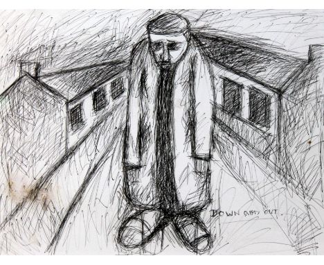 David Watson (b1944), "Down and Out", pen sketch, 39cm x 29cm, titled lower right, signed verso, glazed and framed 61cm x 52c