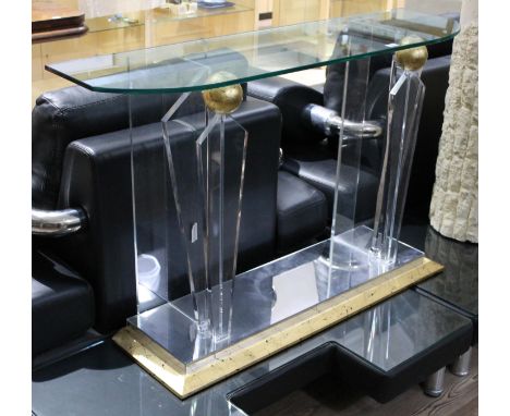 A contemporary perspex and glass console table with mirrored base, length 130cm, depth 36cm & height 80cm.