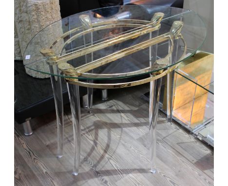 A pair of brass, perspex and glass top console tables by Domo Liverpool, width 110cm, depth 41cm & height 76cm each.