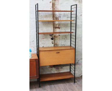 A Ladderax adjustable bookcase having drop front cabinet, one large shelf and three small shelves, width 90cm, depth 36cm & h