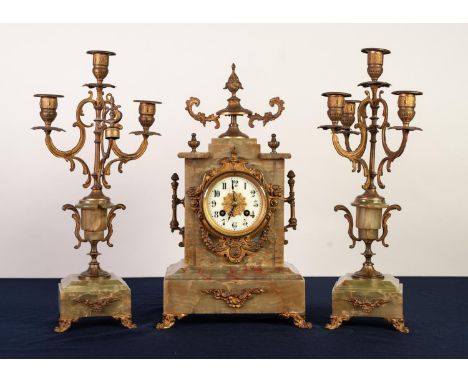 LATE NINETEENTH CENTURY FRENCH GREEN ONYX AND GILT METAL MOUNTED THREE PIECE CLOCK GARNITURE, THE CLOCK, with 3 ¼” Arabic dia