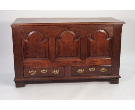 EIGHTEENTH CENTURY OAK DOWER CHEST, the moulded plank top enclosing a candle box, a/f, with two drawers below, to the interio