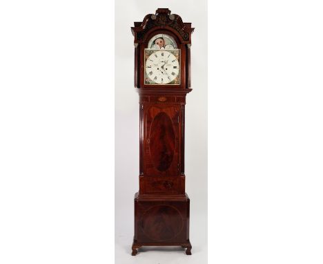 LEIGH OF NEWTON, GEORGE III EARLY 19TH CENTURY INLAID AND FIGURED MAHOGANY LONGCASE CLOCK WITH 8 DAYS STRIKING MOVEMENT, arch