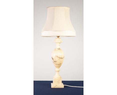 GREY VEINED WHIE ALABASTER, LARGE TABLE LAMP, urn shaped and lobed with square plinth base, 20" high and the CREAM DOUBLE SIL