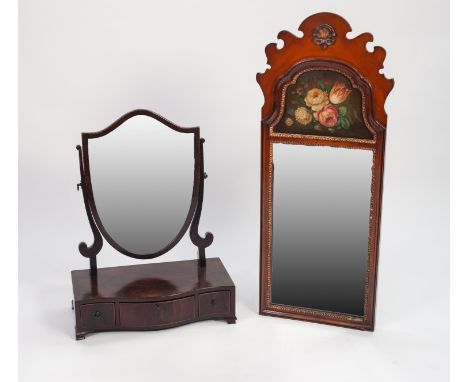 NINETEENTH CENTURY LINE INLAID MAHOGANY TOILET MIRROR, the shield shaped plate housed in a crossbanded frame, and flanked by 
