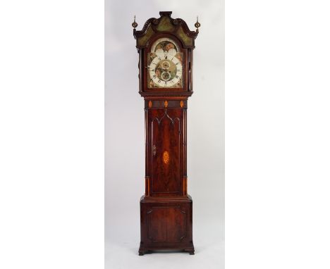 SAM COLLIER, ECCLES, GEORGE III INLAID FIGURED MAHOGANY LONGCASE CLOCK WITH ROLLING MOON PHASE, the 14” painted dial with sub