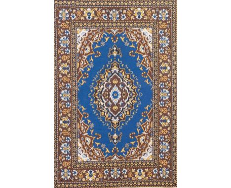 FOUR FINELY MACHINE WOVEN TURKISH SILKWORK SAMPLER/MINIATURES OF INTRICATE RUG OR CARPET DESIGNS, each within a floral design