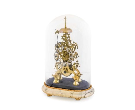 A Brass Passing Strike Skeleton Mantel Clock, circa 1870, single chain fusee movement with an anchor escapement and passing h