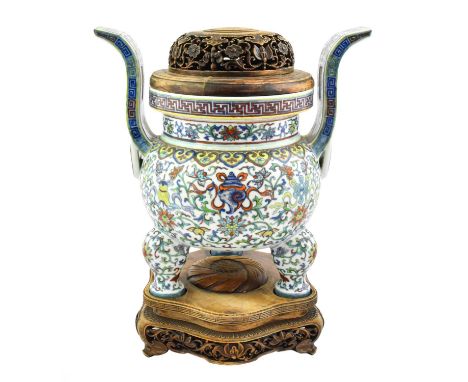 A Chinese Doucai Porcelain Censer, Qianlong reign mark, of ovoid form with scroll handles, painted with Buddhistic emblems am