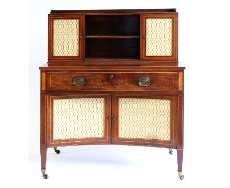 A George III Sheraton Period Mahogany, Satinwood-Crossbanded and Ebony-Strung Cabinet, circa 1780, the three-quarter gallery 