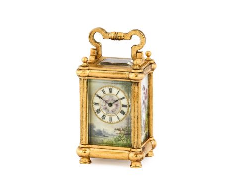A Small Brass Porcelain Mounted Carriage Timepiece, retailed by Boxell, Brighton, circa 1890, case with carrying handle, side