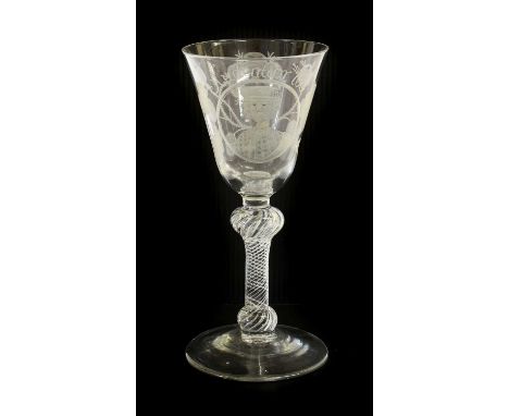 A Jacobite Portrait Goblet, circa 1750, the rounded funnel bowl engraved with a portrait bust of Prince Charles Edward Stuart