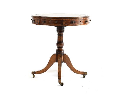 A Small Regency Rosewood Pedestal Drum Table, early 19th century, with green leather surface above three sham and three real 