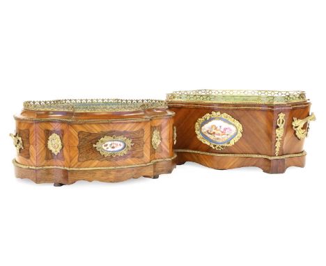 A Louis XV Style Kingwood, Tulipwood and Gilt Metal Mounted Jardinière, late 19th century, with a pierced brass gallery above