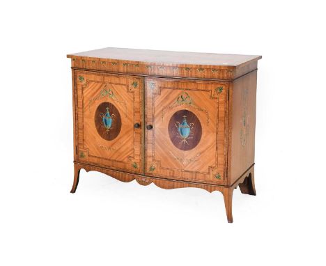 An Early 20th Century Satinwood, Polychrome-Painted and Tulipwood-Banded Bowfront Side Cabinet, in Neo-Classical style, the t