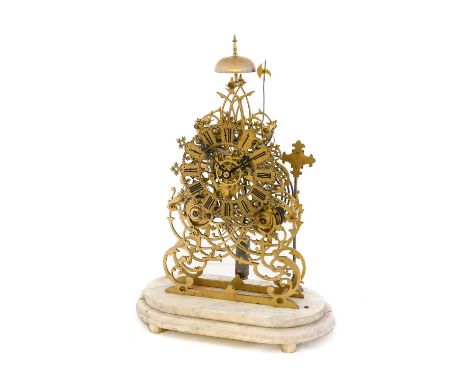 A Brass Striking and Half Hour Passing Strike Skeleton Mantel Clock, attributed to Evans of Handsworth, circa 1870, twin chai