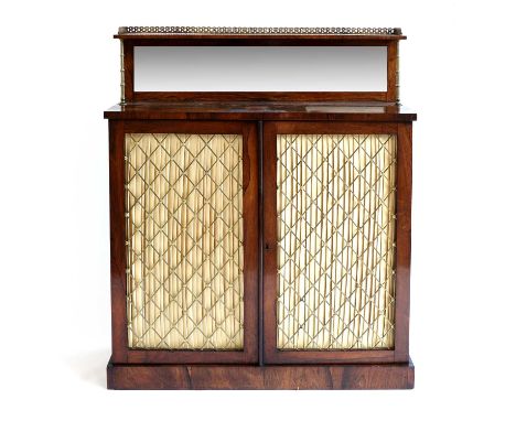 A Regency Rosewood and Gilt Metal Mounted Chiffonier, early 19th century, the pierced three-quarter gallery above a narrow sh