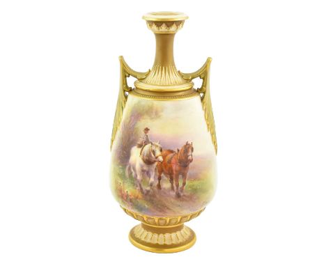 A Royal Worcester Porcelain Vase, by Harry Davis, circa 1906, of baluster form, painted with two horses and a farmer on a car