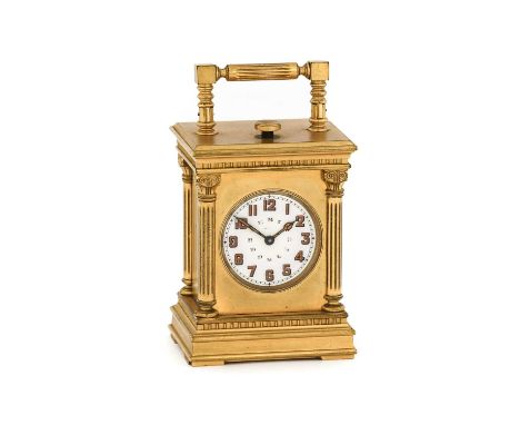 A Small Brass Minute Repeating Carriage Timepiece, circa 1920, carrying handle and repeat button, enamel dial with luminous A