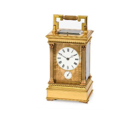 A Brass Grande Sonnerie Alarm Carriage Clock, signed Soldano, circa 1890, case with carrying handle and repeat button, Corint