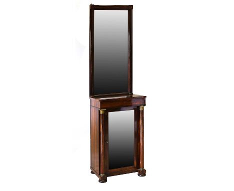 A Regency Rosewood Pier Glass and Cabinet, early 19th century, the plain rectangular mirror plate within a moulded frame, the