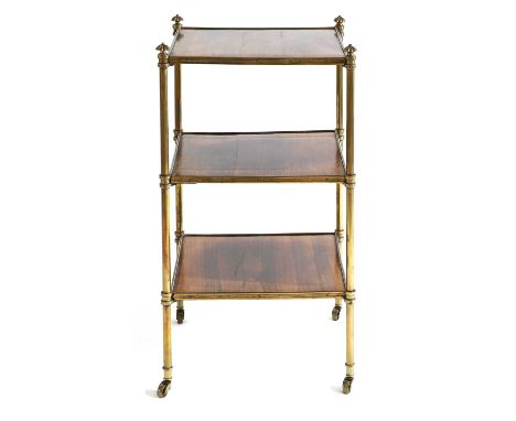 A Victorian Rosewood and Tubular Brass Whatnot, 2nd half 19th century, of three-tier square form with moulded finials, on cas