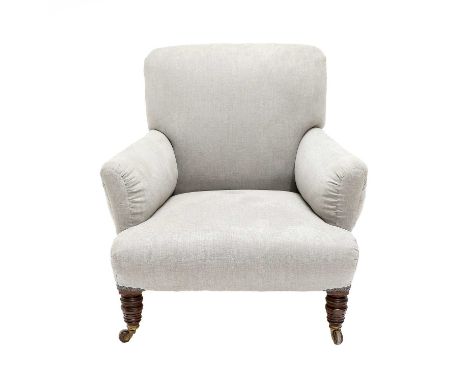 An Upholstered Armchair, by Cornelius V Smith, late 19th century, recovered in light grey fabric, with rounded arms and an ov