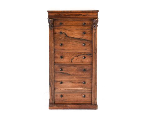 A Victorian Rosewood Secretaire Wellington Chest, mid 19th century, the moulded top with plain frieze above a mahogany-lined 