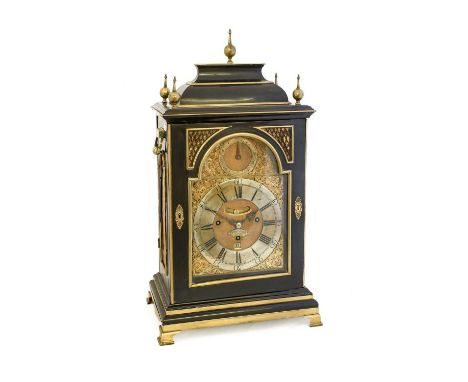 An Ebony Veneered Quarter Chiming Table Clock, signed John Archambo, London, circa 1750, inverted bell top with brass ball fi