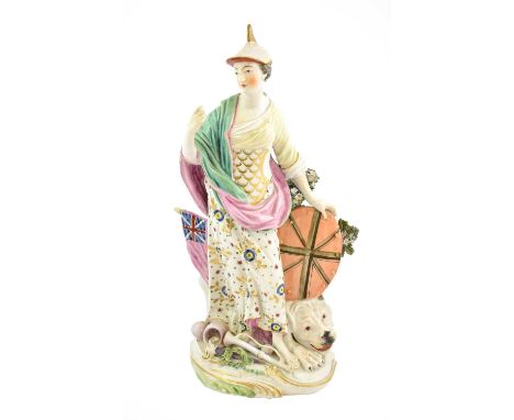 A Derby Porcelain Figure of Britannia, circa 1770, the standing goddess with a shield at one side, a flag at the other, a lio