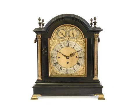 An Ebonised Chiming Table Clock, circa 1890, arched pediment, Corinthian capped columns, pierced side sound frets and carryin