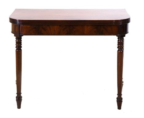 A Late Regency Mahogany Foldover Tea Table, early 19th century, of D shape form with reeded edge above a plain frieze flanked