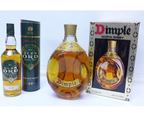 One bottle of Dimple Scotch Whisky, boxed and a 20cl bottle of Glen Ord, boxed