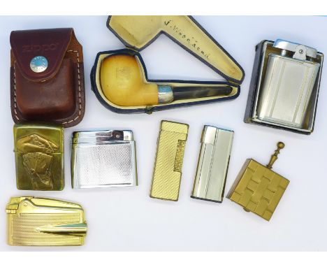 Assorted lighters including Dunhill and a Meerschaum pipe