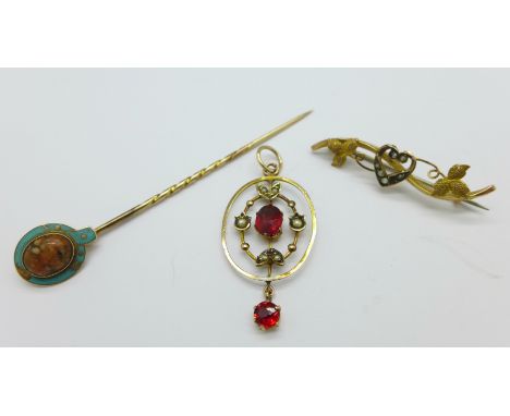 A 9ct gold, red stone and seed pearl pendant, a 9ct gold brooch and a stickpin, 5.5g